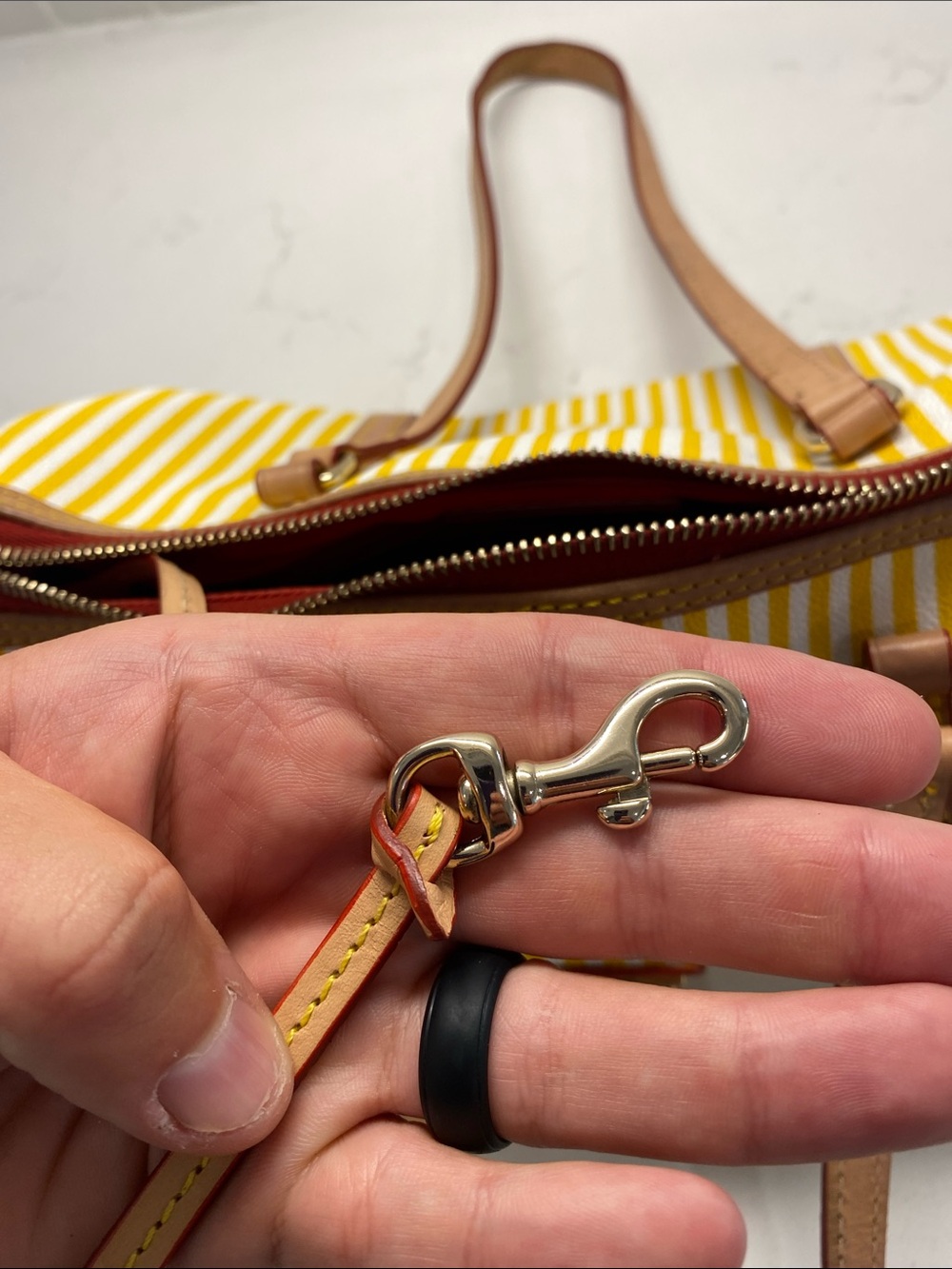 Dooney & Bourke Yellow & White Striped Barrel Shoulder Bag Tan Trim EUC ✨ - Picture 10 of 12